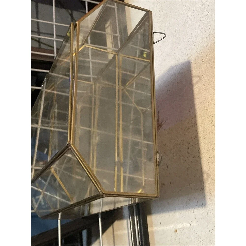 Vintage Etched Glass Brass Display Case Curio Cabinet Mirrored Back Wall Shelf
